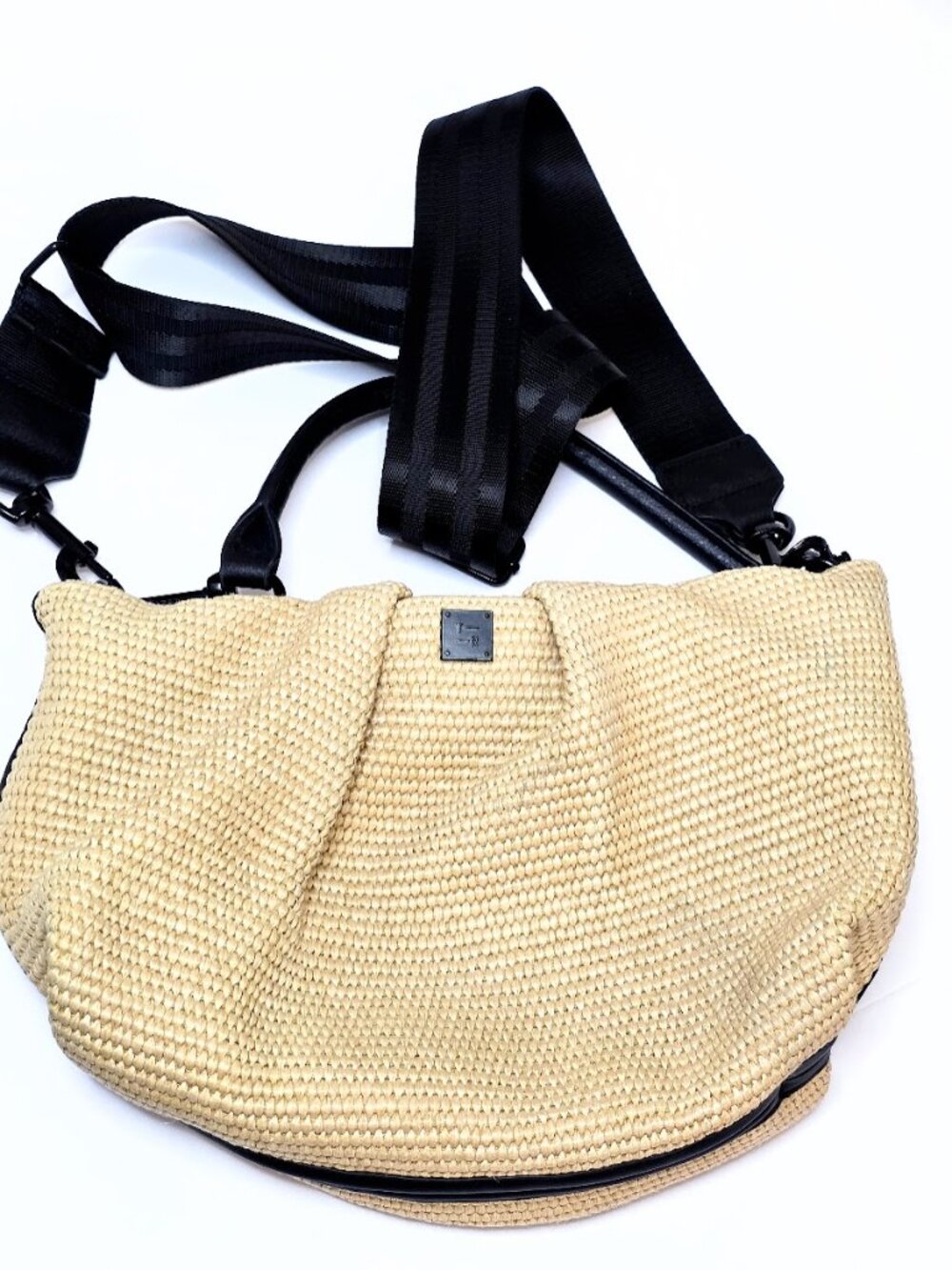 Think Royln Savannah Woven Raffia Crossbody Bag - Dune/Black - EUC